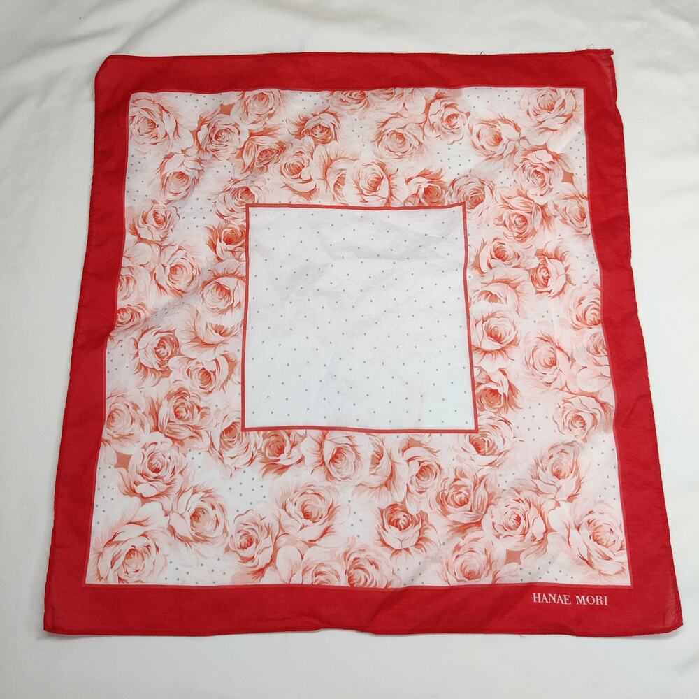 Vintage Hanae Mori Japanese Designer Red Floral Rose Cotton Square Scarf